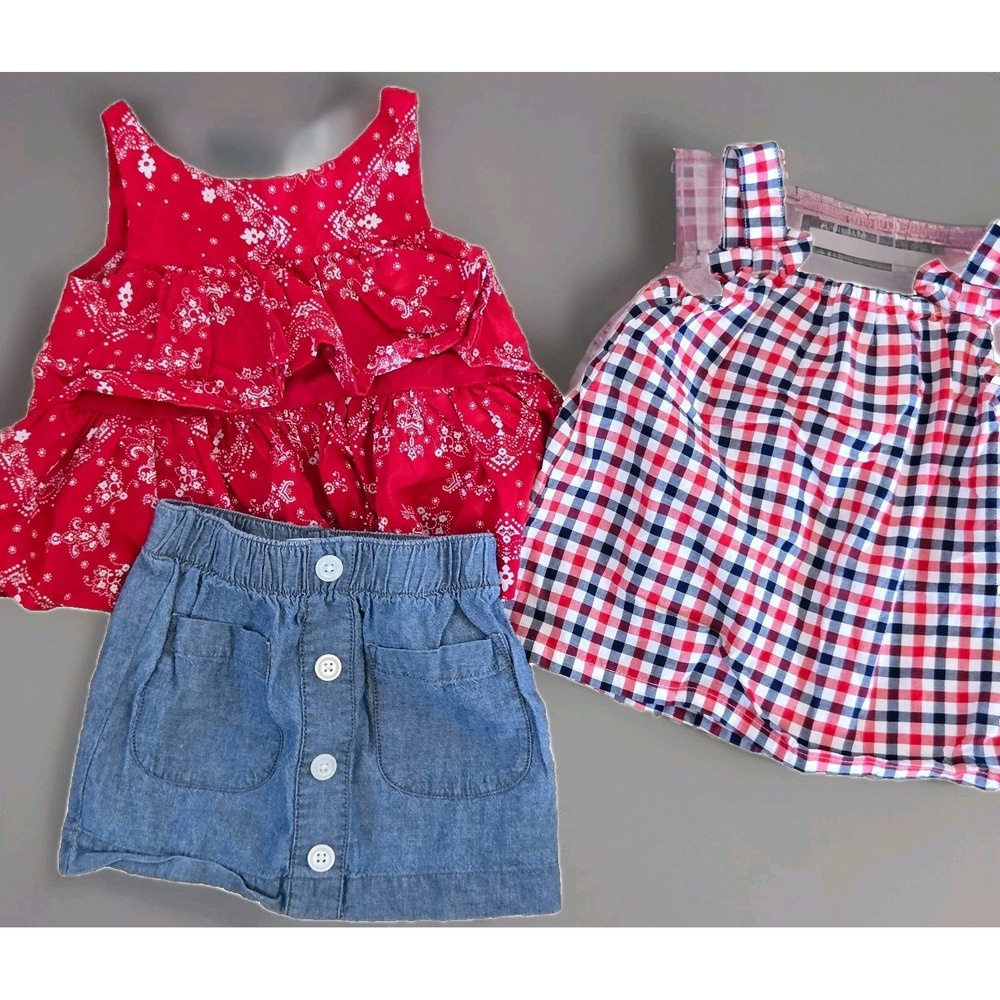 Oskosh Carters Red Floral & Plaid Sleeveless Top with Denim Button Skirt Set 2T